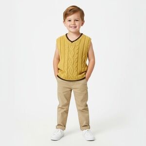 janie and jack 2T Yellow Cable Knit Sweater Vest Brown Trim V Neck‎ Cotton Blend